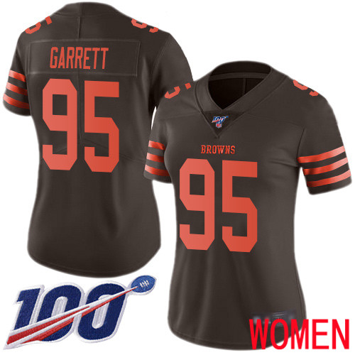 Cleveland Browns Myles Garrett Women Brown Limited Jersey 95 NFL Football 100th Season Rush Vapor Untouchable